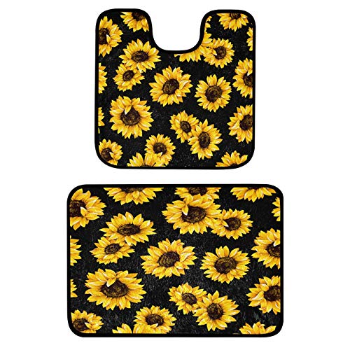 senya Sunflower Black Bathroom Rugs Set 2 Piece Non-Slip Runner Doormats Soft U-Shape Contoured Toilet Mat Absorbent Bath Rugs for Home Decor