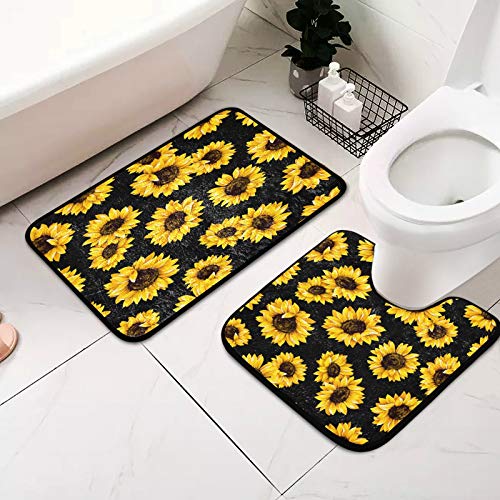 senya Sunflower Black Bathroom Rugs Set 2 Piece Non-Slip Runner Doormats Soft U-Shape Contoured Toilet Mat Absorbent Bath Rugs for Home Decor