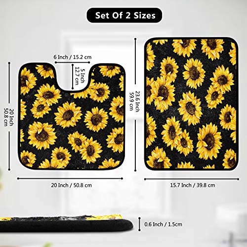 senya Sunflower Black Bathroom Rugs Set 2 Piece Non-Slip Runner Doormats Soft U-Shape Contoured Toilet Mat Absorbent Bath Rugs for Home Decor