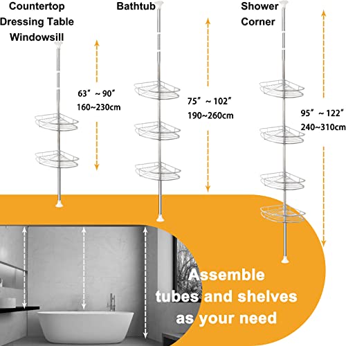 SUYUDSM Shower Caddy Tension Pole, Rustproof Shower Corner Stand Storage Organizer for Bathroom, 4 Tier Adjustable Corner Shelves, 75 to 122 in