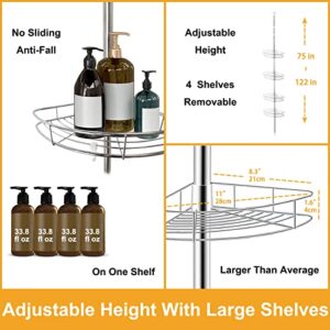 SUYUDSM Shower Caddy Tension Pole, Rustproof Shower Corner Stand Storage Organizer for Bathroom, 4 Tier Adjustable Corner Shelves, 75 to 122 in