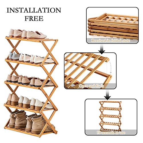 2 to 5 Tier Shoe Rack, Multi Tier Foldable Bamboo Shoe Organizer Rack Multifunctional Storage Free Standing Shoe Shelf. (4 Tier (20 feet wide))