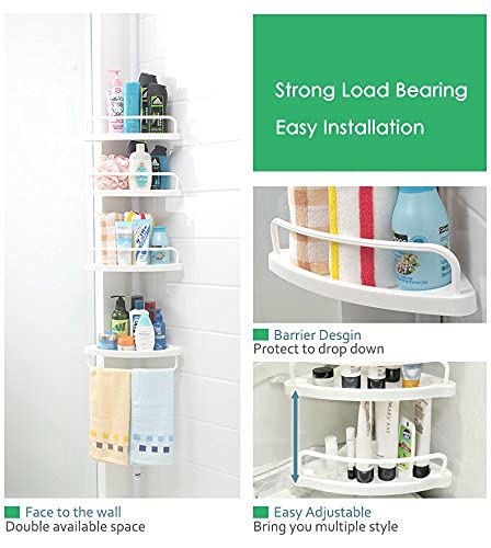 H&A Tension Shower Caddy Pole, Bathroom Corner Shower Rack, Stainless Steel Pole and Rustproof-White