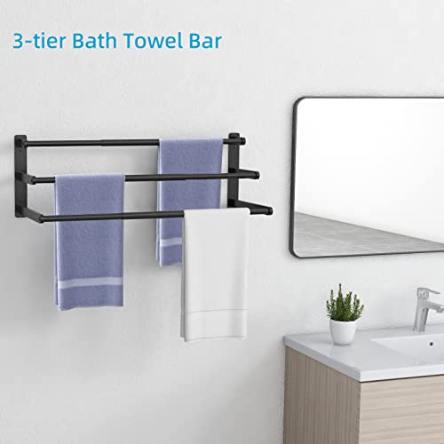 gizozo Bath Towel Bars 3-Tier, 23 Inch Towel Rack Wall Mounted Lavatory Towel Organizer, Metal Towel Rod Holder for Bathroom Towel Storage, Black