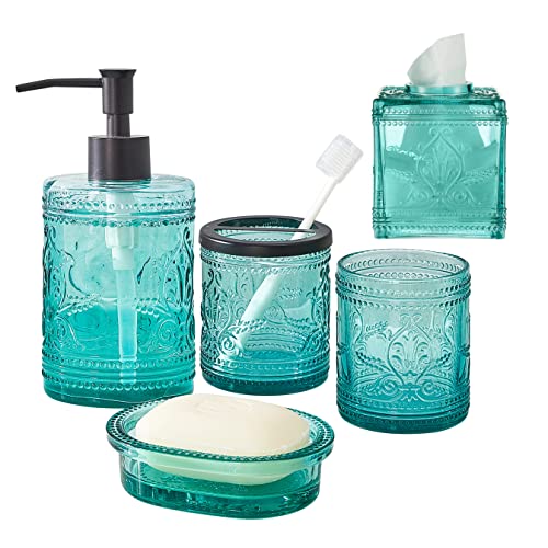 5PCs Teal Blue Glass Bathroom Accessories Set with Decorative Pressed Pattern - Includes Hand Soap Dispenser & Tumbler & Soap Dish & Toothbrush Holder & Tissue Box Holder (Teal Blue)