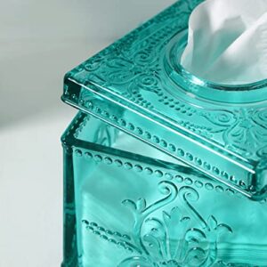 5PCs Teal Blue Glass Bathroom Accessories Set with Decorative Pressed Pattern - Includes Hand Soap Dispenser & Tumbler & Soap Dish & Toothbrush Holder & Tissue Box Holder (Teal Blue)