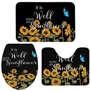 fancyine 3 pieces bath rugs sets rustic art farm sunflowers with butterfly soft non-slip absorbent toilet seat cover u-shaped toilet mat for bathroom decor black