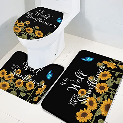 Fancyine 3 Pieces Bath Rugs Sets Rustic Art Farm Sunflowers with Butterfly Soft Non-Slip Absorbent Toilet Seat Cover U-Shaped Toilet Mat for Bathroom Decor Black