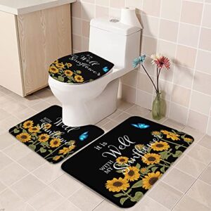 Fancyine 3 Pieces Bath Rugs Sets Rustic Art Farm Sunflowers with Butterfly Soft Non-Slip Absorbent Toilet Seat Cover U-Shaped Toilet Mat for Bathroom Decor Black