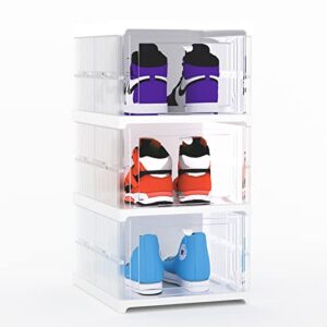 Relaxmm Shoe Boxes Clear Plastic Stackable, 3 Pack Installation-free Stackable Shoe Boxes Large Capacity Clear Plastic Foldable Shoe Organizer with Doors