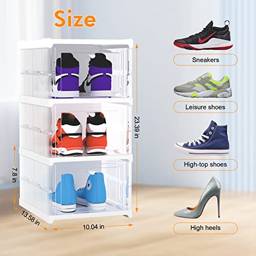 Relaxmm Shoe Boxes Clear Plastic Stackable, 3 Pack Installation-free Stackable Shoe Boxes Large Capacity Clear Plastic Foldable Shoe Organizer with Doors