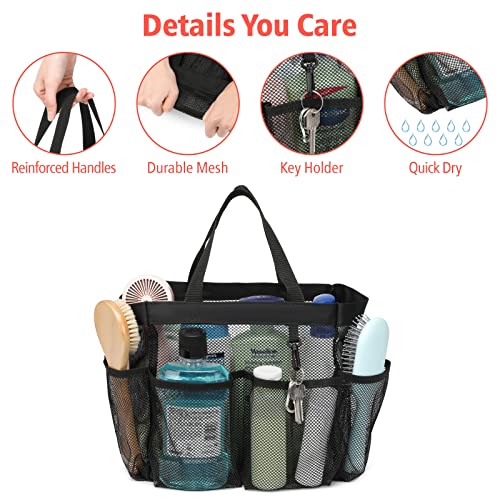 F-color Mesh Shower Caddy Portable, Upgrade Deeper 7 Pockets Shower Caddy Basket Bag Tote for College Dorm Room Gym Bathroom Essentials Gym Camp Quick Dry 2 handles Shower Bag with S Hook, Black