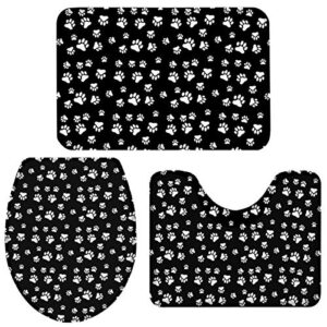 3 pieces bath rugs sets cute cat and dog footprint paws soft non-slip absorbent toilet seat cover u-shaped toilet mat for bathroom decor black and white