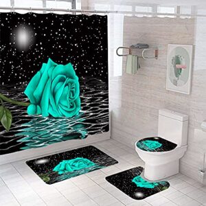 taysta 4pc teal rose flower under moon black romantic starry night sky shower curtain sets non-slip rug, toilet lid cover, bath mat, bathroom decor curtains with 12 hookswaterproof fabric