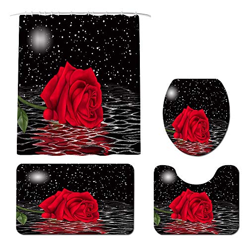 4 Pcs Black and Red Rose in Water Flowers Shower Curtain Sets with Non-Slip Rugs, Toilet Lid Cover and Bath Mat, Romantic Floral Curtain with 12 Hooks