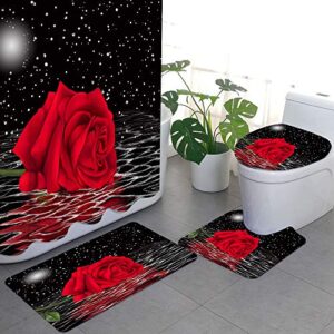 4 Pcs Black and Red Rose in Water Flowers Shower Curtain Sets with Non-Slip Rugs, Toilet Lid Cover and Bath Mat, Romantic Floral Curtain with 12 Hooks