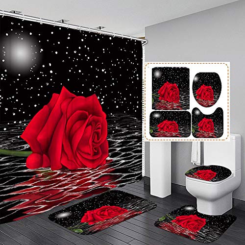 4 Pcs Black and Red Rose in Water Flowers Shower Curtain Sets with Non-Slip Rugs, Toilet Lid Cover and Bath Mat, Romantic Floral Curtain with 12 Hooks