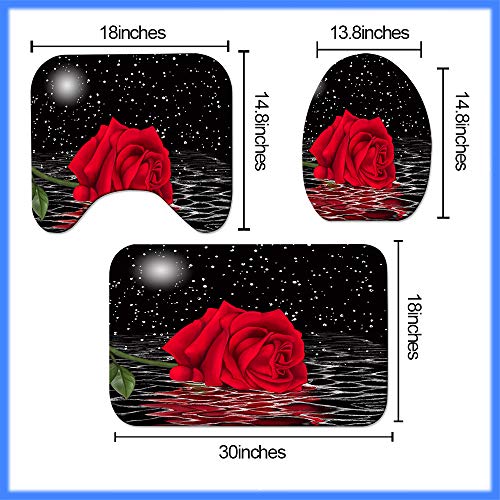 4 Pcs Black and Red Rose in Water Flowers Shower Curtain Sets with Non-Slip Rugs, Toilet Lid Cover and Bath Mat, Romantic Floral Curtain with 12 Hooks