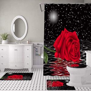 4 Pcs Black and Red Rose in Water Flowers Shower Curtain Sets with Non-Slip Rugs, Toilet Lid Cover and Bath Mat, Romantic Floral Curtain with 12 Hooks