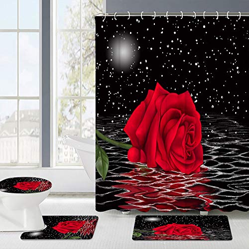 4 Pcs Black and Red Rose in Water Flowers Shower Curtain Sets with Non-Slip Rugs, Toilet Lid Cover and Bath Mat, Romantic Floral Curtain with 12 Hooks