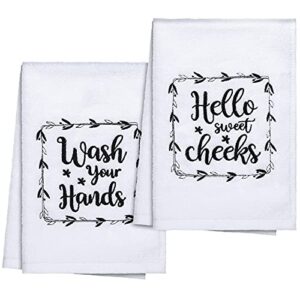2 pieces funny hand towels with sayings hello sweet cheeks wash your hands bathroom hand towels rustic cute dish kitchen towels for bathroom home decorative farmhouse bath sign, 16 x 24 inch