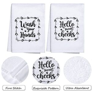 2 Pieces Funny Hand Towels with Sayings Hello Sweet Cheeks Wash Your Hands Bathroom Hand Towels Rustic Cute Dish Kitchen Towels for Bathroom Home Decorative Farmhouse Bath Sign, 16 x 24 Inch