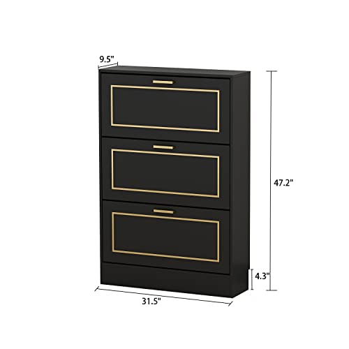 AGOTENI Shoe Cabinet, Tipping Bucket Shoes Cabinets, Shoes Cabinet with 3 Flip Drawers, Narrow Shoe Rack Cabinet for Entryway, Modern Shoes Organizer Cabinet (31.5”W x 9.5”D x 47.2”H)