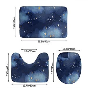 Stars Clouds Bathroom Antiskid Pad Watercolor Gold Shining Constellations Night Sky Dark Blue Pattern Non Slip Bathroom Rugs Sets 3 PCS Bath Mat Contour Toilet Lid 16x24