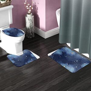 Stars Clouds Bathroom Antiskid Pad Watercolor Gold Shining Constellations Night Sky Dark Blue Pattern Non Slip Bathroom Rugs Sets 3 PCS Bath Mat Contour Toilet Lid 16x24