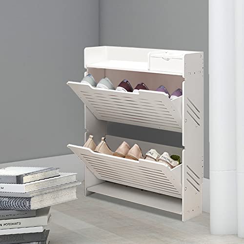 Modern Narrow White Flip Down Shoe Rack Shelf (2 Tiers)