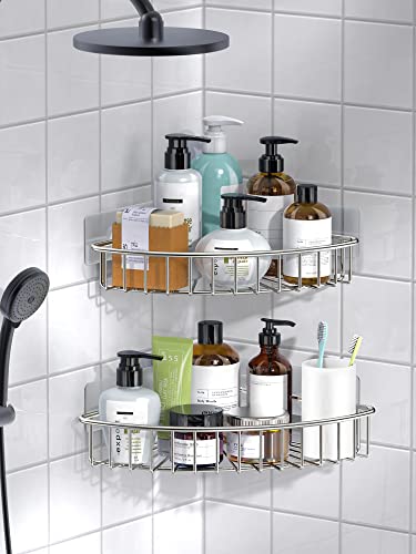 SMARTAKE 2-Pack Corner Shower Caddy, SUS304 Stainless Steel, Wall Mounted Bathroom Shelf with Adhesive, Storage Organizer for Toilet, Dorm and Kitchen (Silver)