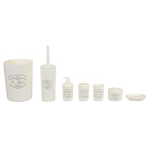 7-piece paris bathroom set (beige), by home basics | made from plastic | includes tumbler, toothbrush holder, soap dish, lotion dispenser, cotton ball holder, toilet brush holder, and wastebasket