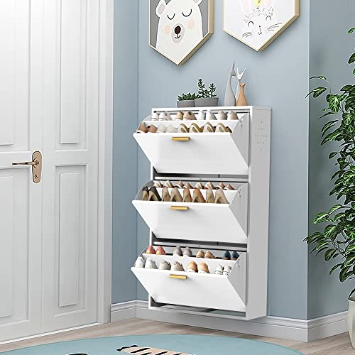Omethey Shoe Cabinet with 3 Flip Drawers, Wall Mount & Floor Mount Shoe Organizer, All Steel White Narrow Shoe Storage Cabinet for Entryway, Hallway and Corridor
