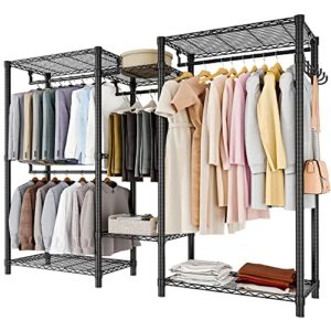 garment rack portable closet wardrobe heavy duty clothes rack with adjustable shelves, hanging rods, side hooks for hanging clothes, max load 900lbs, freestanding & l-shaped closet (black-0.75in dia.)