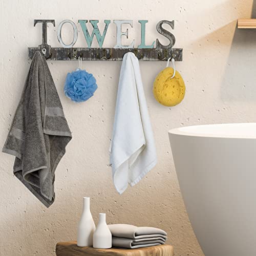 MyGift Wall Mounted Rustic Multicolored Solid Wood Towel Rack with 5 Dual Hooks and Decorative Towel Cutout Design, Wall Hanging Bathroom, Kitchen Laundry Room Hand Towel Hooks