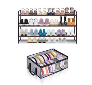 aooda 3-tier long shoe rack for closet stackable wide shoe shelf, hat storage for baseball caps organizer, 2 item bundle