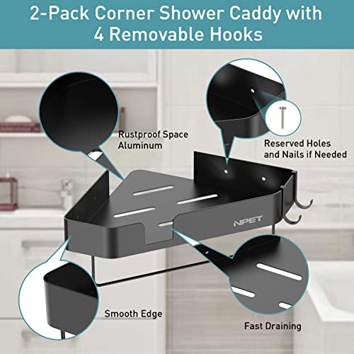 NPET 2-Pack Corner Shower Caddy Basket Shelf, Rust Proof Space Aluminum, No Drilling Wall Mounted Shampoo Holder Organizer Shelf with Adhesive for Bathroom Kitchen Storage (Triangle, Black)