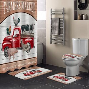 4 pcs shower curtain sets with rugs,vintage farm animals cows roosters red truck wood grain background bathroom sets,waterproof non-slip shower curtain u-shaped rug bath mat toilet lid cover 12 hooks