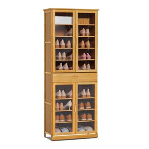 monibloom tall shoe storage cabinet with 2 double doors bamboo free standing shoes shelf stand with 1 drawer for 32-36 pairs entryway hallway bedroom, natural
