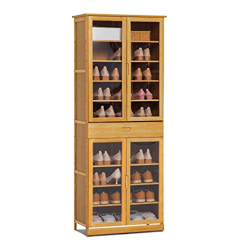 MoNiBloom Tall Shoe Storage Cabinet with 2 Double Doors Bamboo Free Standing Shoes Shelf Stand with 1 Drawer for 32-36 Pairs Entryway Hallway Bedroom, Natural