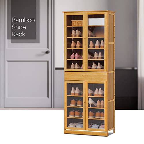 MoNiBloom Tall Shoe Storage Cabinet with 2 Double Doors Bamboo Free Standing Shoes Shelf Stand with 1 Drawer for 32-36 Pairs Entryway Hallway Bedroom, Natural