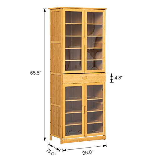 MoNiBloom Tall Shoe Storage Cabinet with 2 Double Doors Bamboo Free Standing Shoes Shelf Stand with 1 Drawer for 32-36 Pairs Entryway Hallway Bedroom, Natural