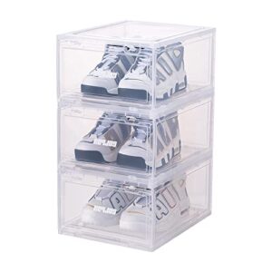 shoe boxes clear plastic - stackable sneaker shoe container drop-front shoe display case for closets, entryway shoe rack, clothing rack, bed, easy assembly (3pcs) (white)