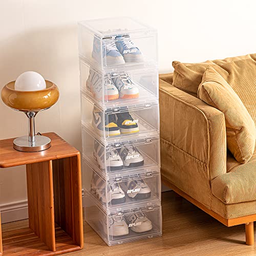 Shoe Boxes Clear Plastic - Stackable Sneaker Shoe Container Drop-front Shoe Display Case for Closets, Entryway Shoe Rack, Clothing Rack, Bed, Easy Assembly (3PCS) (White)