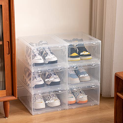 Shoe Boxes Clear Plastic - Stackable Sneaker Shoe Container Drop-front Shoe Display Case for Closets, Entryway Shoe Rack, Clothing Rack, Bed, Easy Assembly (3PCS) (White)