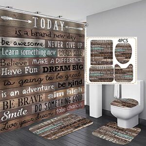 4 pcs inspirational quotes shower curtain set with non-slip rugs, toilet lid cover and bath mat, motivational words rustic wooden cabin shower curtain bathroom waterproof polyester fabric, 72" x 72"