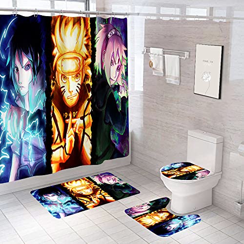 4 Piece Anime Shower Curtain Set with Non-Slip Rug, Toilet Lid Cover, Bath Mat and 12 Hooks, Waterproof Shower Curtain Set for Bathroom