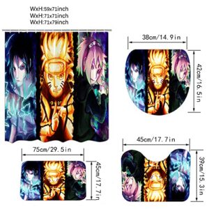 4 Piece Anime Shower Curtain Set with Non-Slip Rug, Toilet Lid Cover, Bath Mat and 12 Hooks, Waterproof Shower Curtain Set for Bathroom