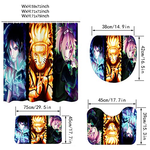 4 Piece Anime Shower Curtain Set with Non-Slip Rug, Toilet Lid Cover, Bath Mat and 12 Hooks, Waterproof Shower Curtain Set for Bathroom