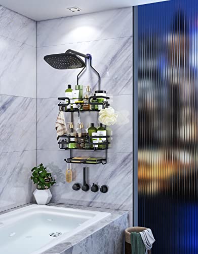 HapiRm Hanging Shower Caddy with Two Soap Holders, Rustproof & Waterproof Shower Shelf over Shower Head with 12 Hooks, No Drilling Shower Organizer for Bathroom - Black